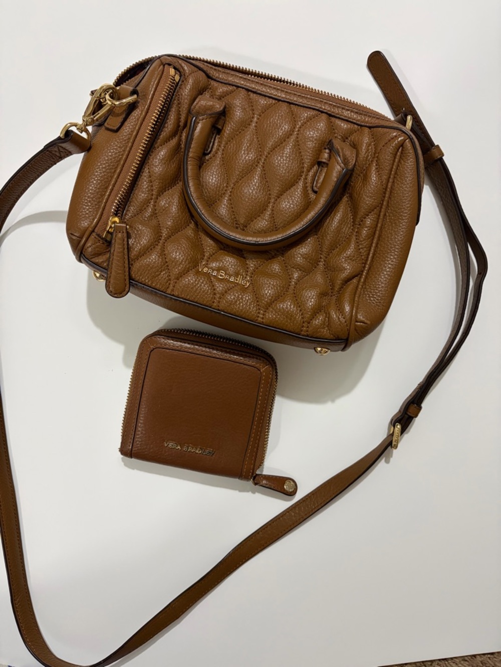 Vera Bradley Brown Quilted Leather Crossbody Satchel with Wallet